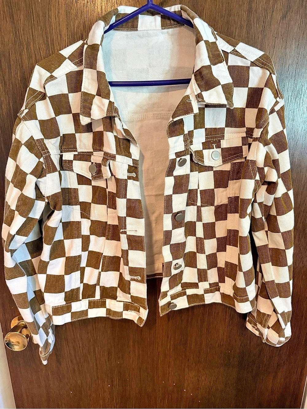 Brown White Checkerboard Jean Denim Cropped Jacket size Medium Womens